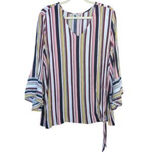 Est 1946 Top Women's Sz 22/24W Striped V-neck Flutter Sleeve, Tie Front Accent
